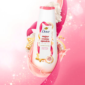 Dove sugar cookie lifestyle bathroom display with candles and towel benefit cozy holiday ambiance