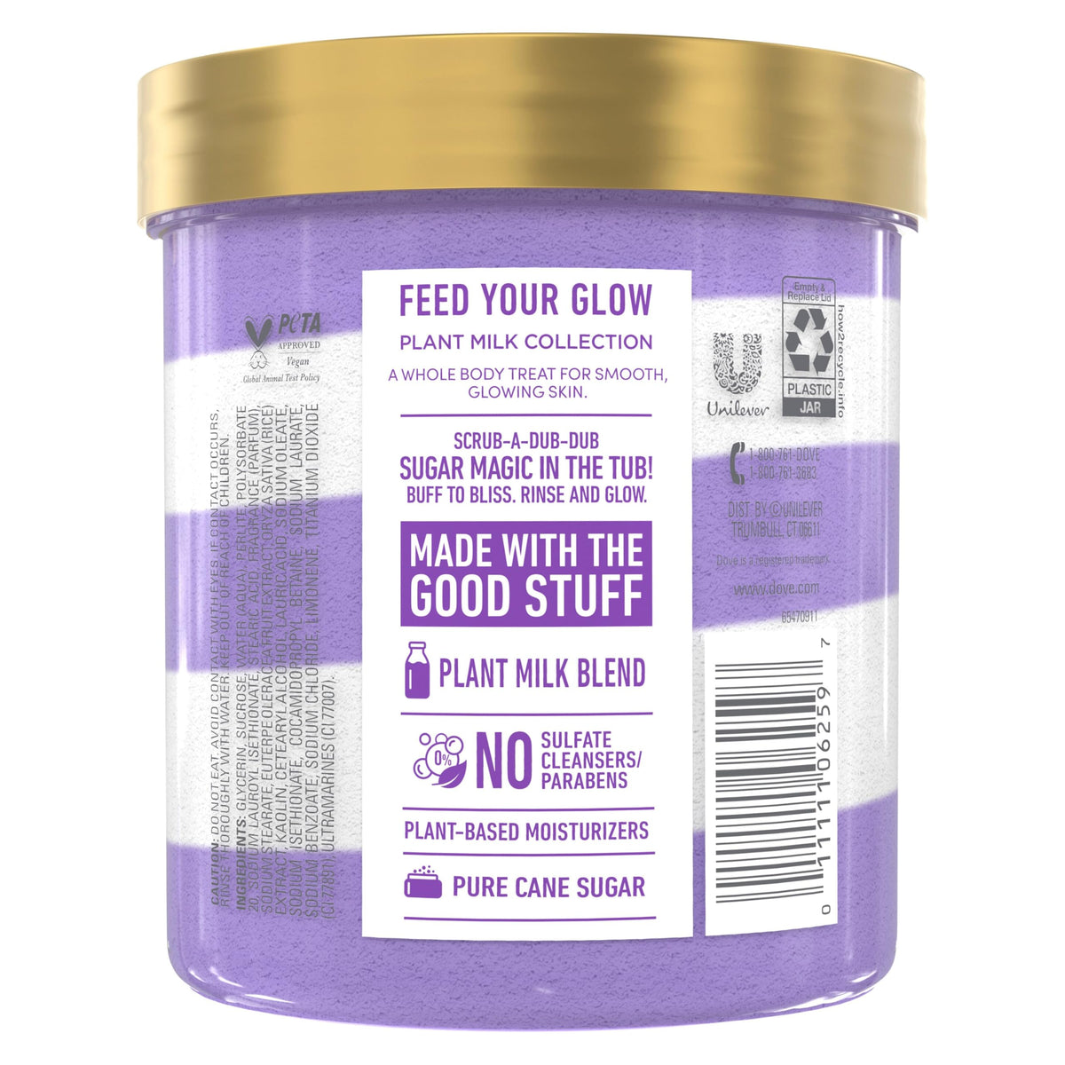 Open tub texture of Dove sugar scrub revealing creamy rice milk consistency and moisturizing feel