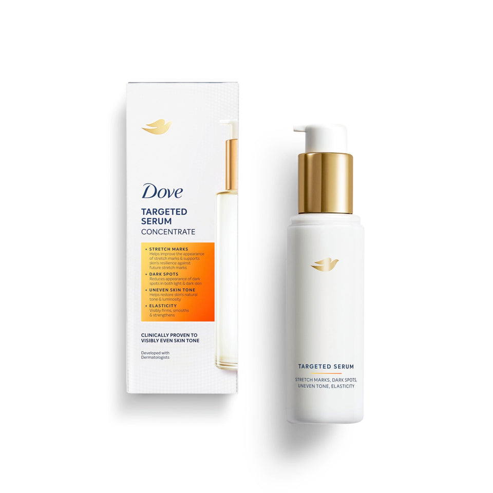 Dove targeted serum front packaging showing bottle and label benefit