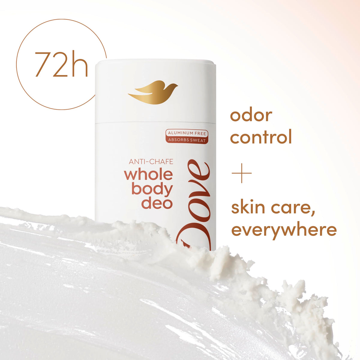 Dove solid stick texture close-up to show smooth glide and anti-chafe benefit