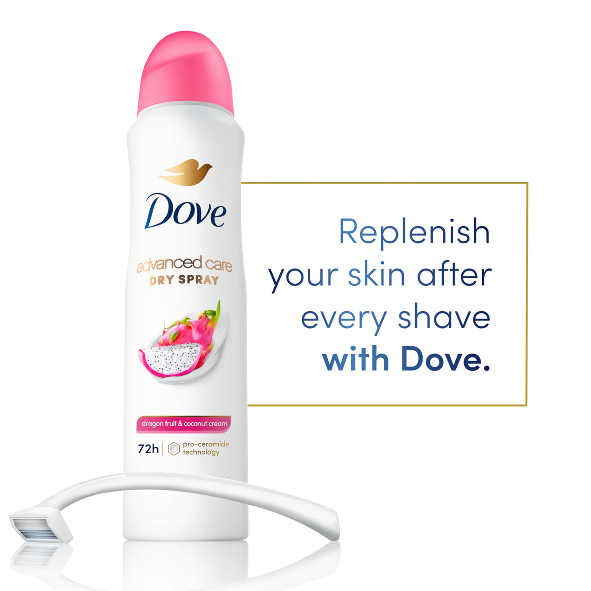 Dove three pack lined up illustrating value and consistent fragrance availability