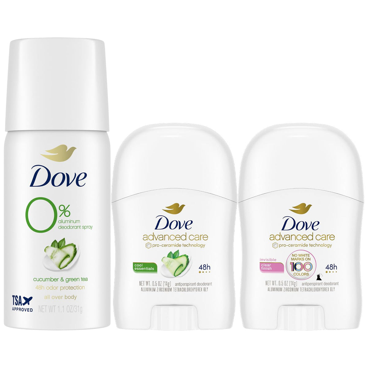Dove travel deodorant front packaging showing three-piece travel set and clarity