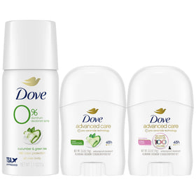 Dove travel deodorant front packaging showing three-piece travel set and clarity