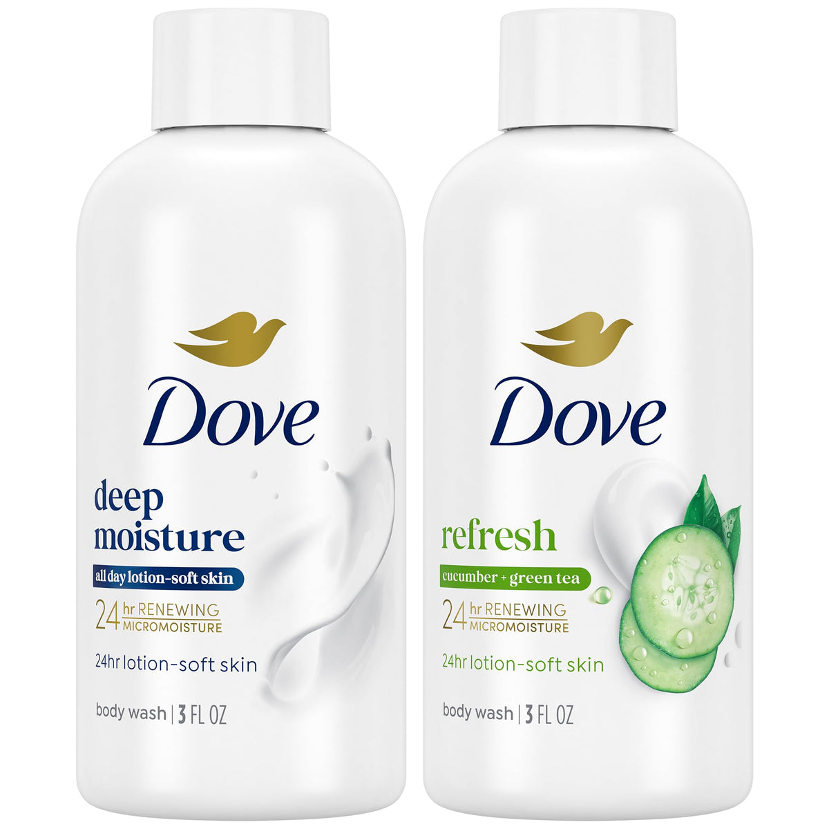 Dove travel pack front view showing both bottles and convenience