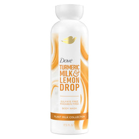 Dove bottle front packaging showing turmeric and lemon, highlighting moisturizing benefits