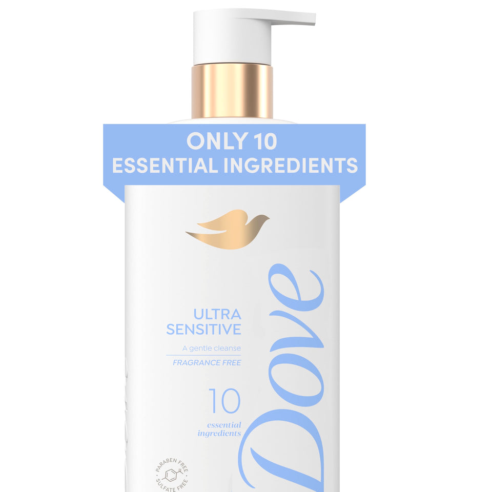 Dove bottle front packaging showing clean design and fragrance-free benefit