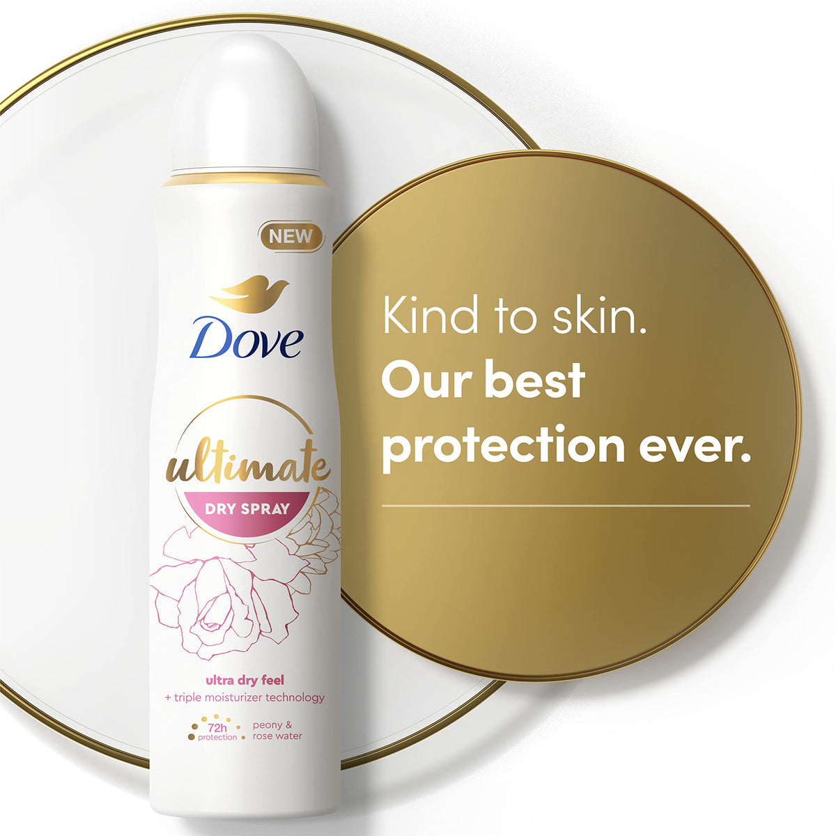 Dove in-use image applying spray to underarm, emphasizes quick protection and comfort
