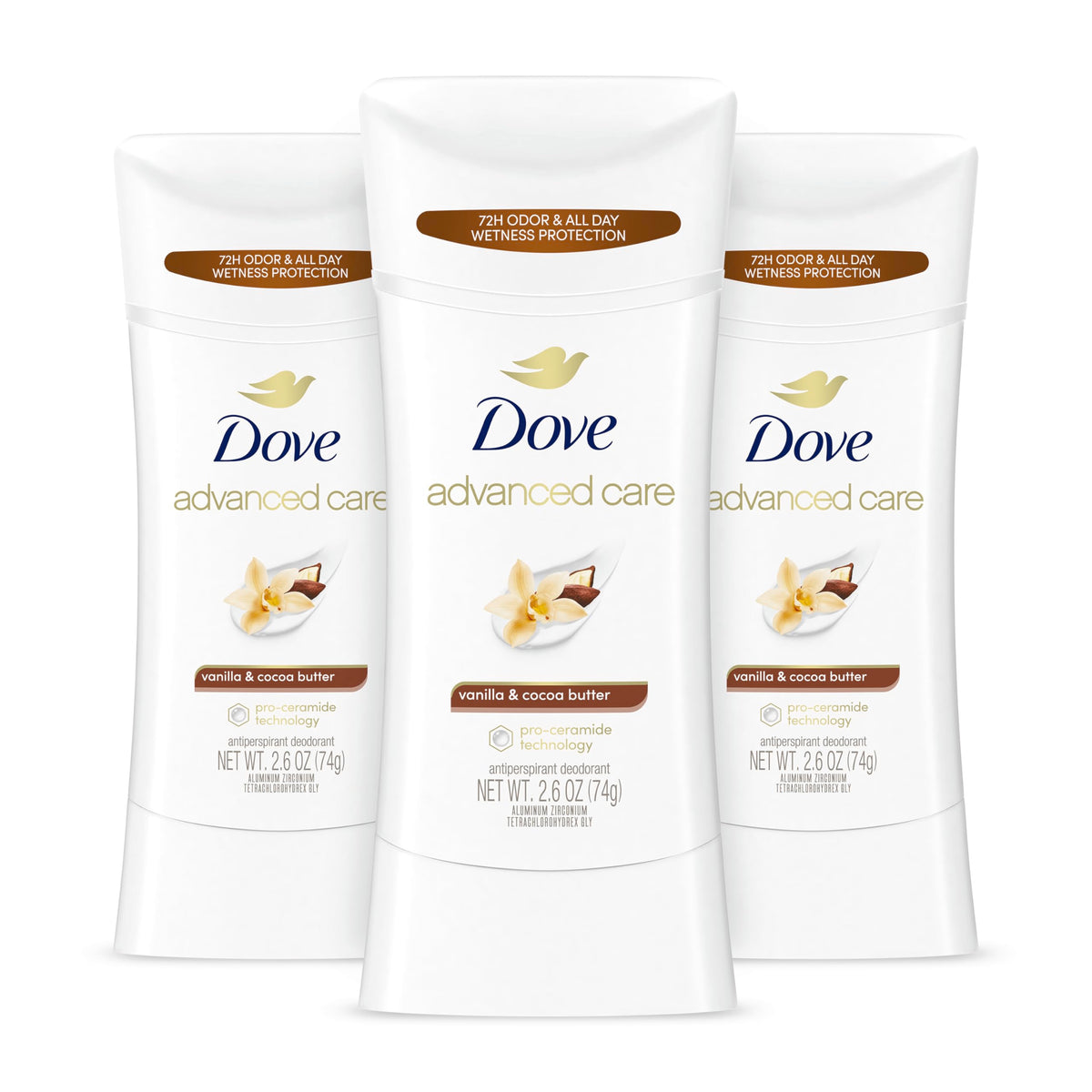 Dove Vanilla & Cocoa Butter front packaging showing three sticks and benefits