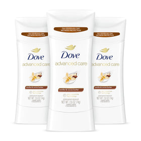 Dove Vanilla & Cocoa Butter front packaging showing three sticks and benefits