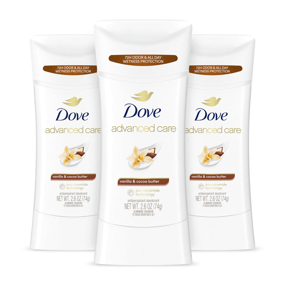 Dove Vanilla & Cocoa Butter front packaging showing three sticks and benefits