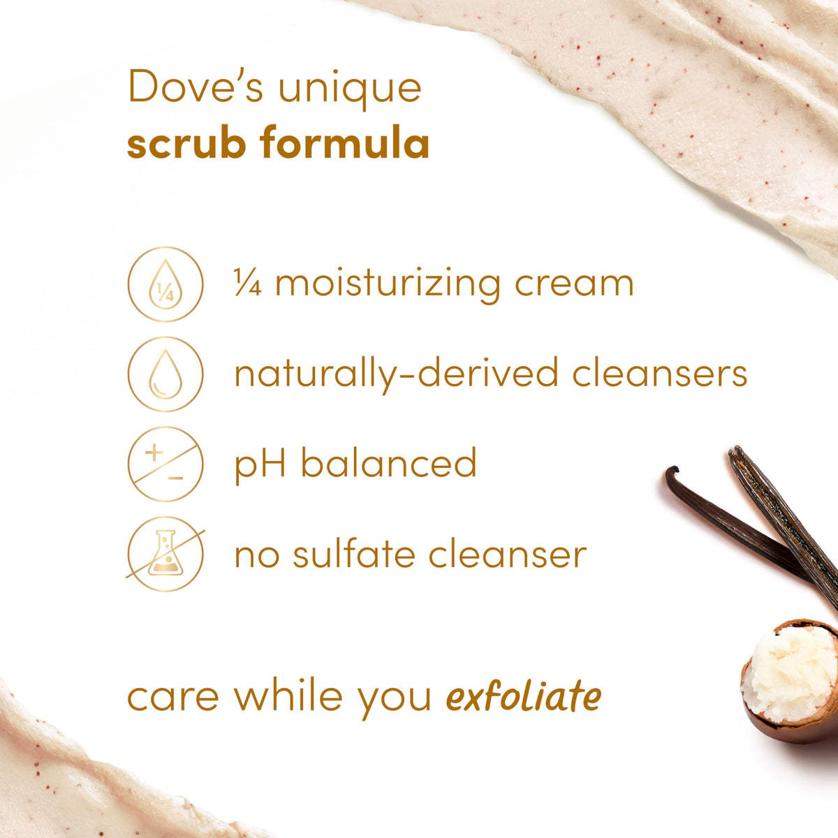 Dove close-up of whipped scrub texture displaying moisturizing cream and exfoliating particles