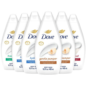 Dove front packaging showing six-bottle variety pack and easy-squeeze design