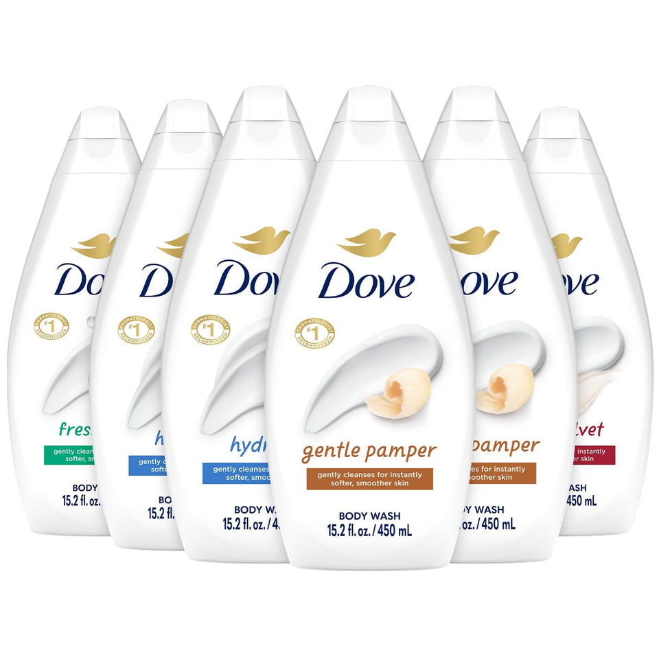 Dove front packaging showing six-bottle variety pack and easy-squeeze design