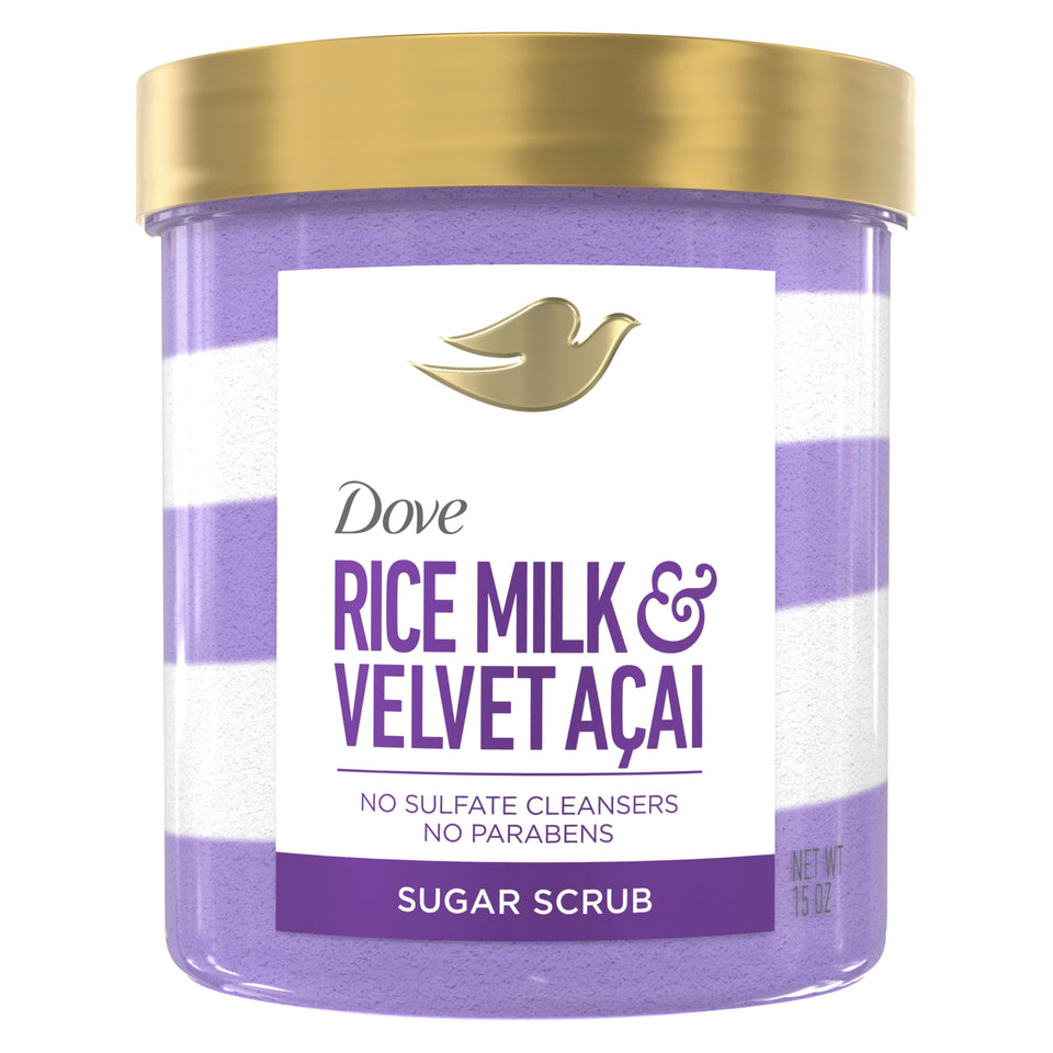Dove front label of Velvet Acai & Rice Milk scrub showing product name and 15 oz size benefits