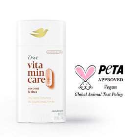 Dove VitaminCare+ label close-up highlighting Vitamin B3 and aluminum-free