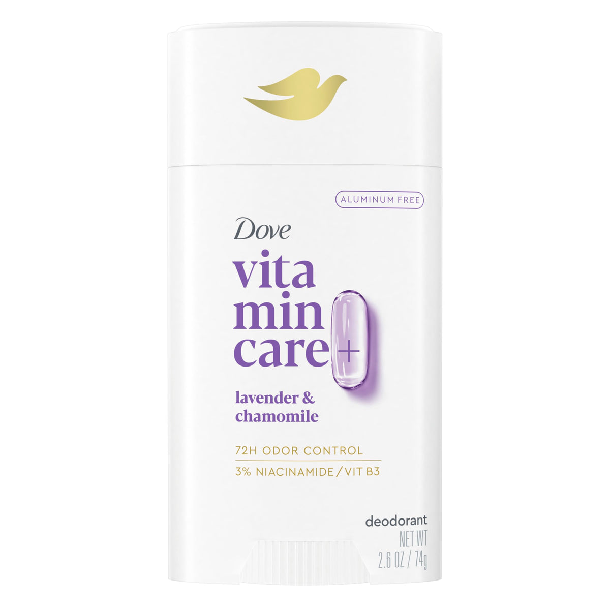 Dove VitaminCare+ front packaging showing Lavender & Chamomile scent and benefit