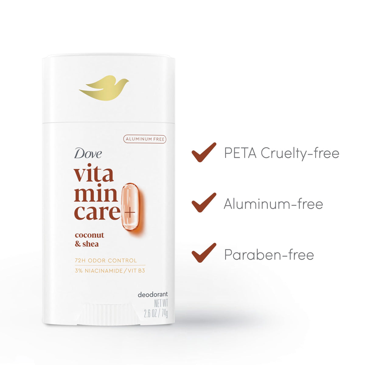 Dove VitaminCare+ beside a coffee cup to show 2.6 oz travel-friendly size