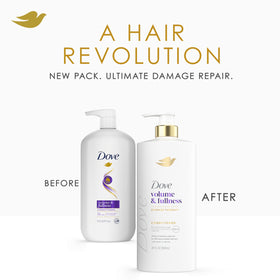 Dove volume & fullness close-up label with product claims, highlights biotin and bio-protein care