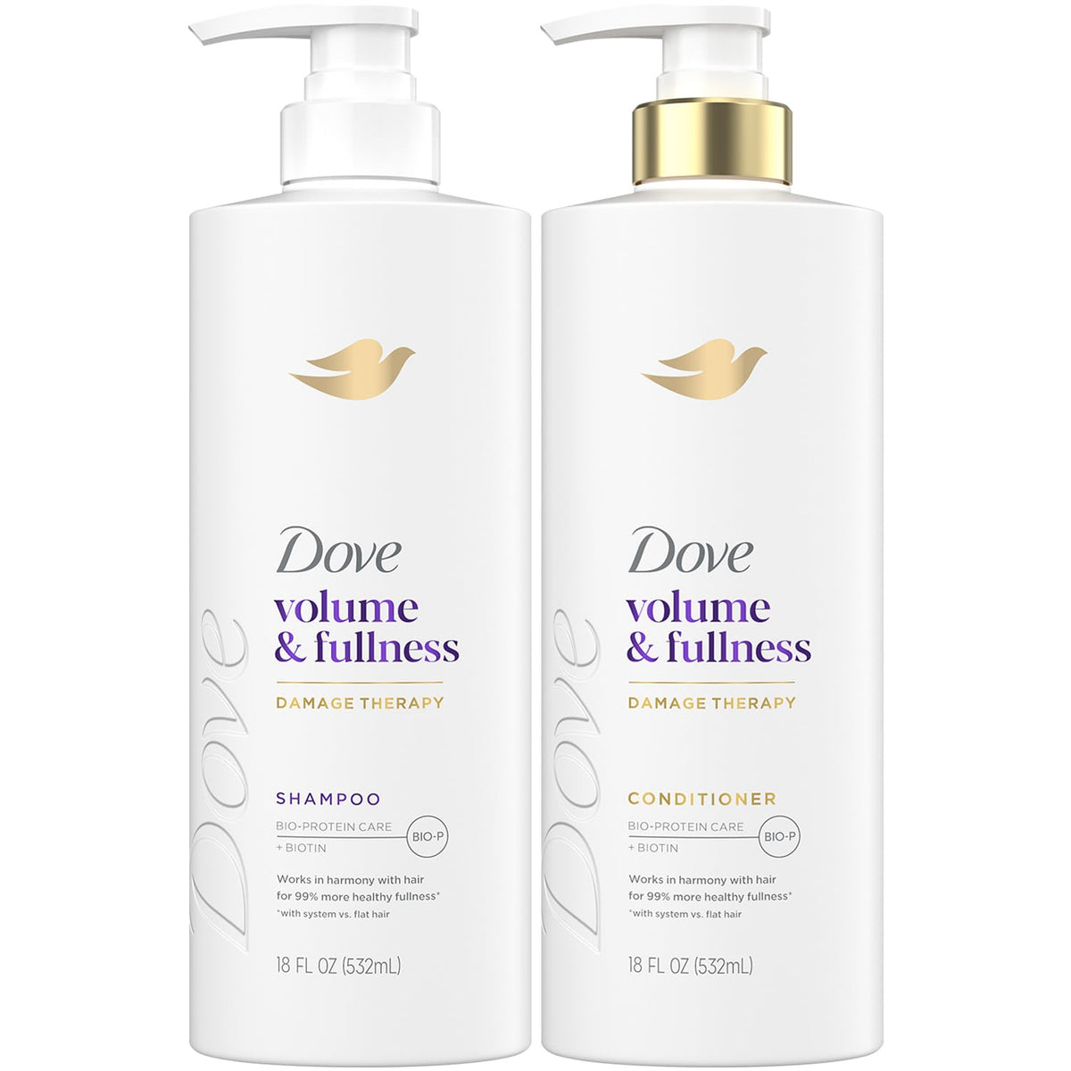 Dove front packaging showing volume set and benefits