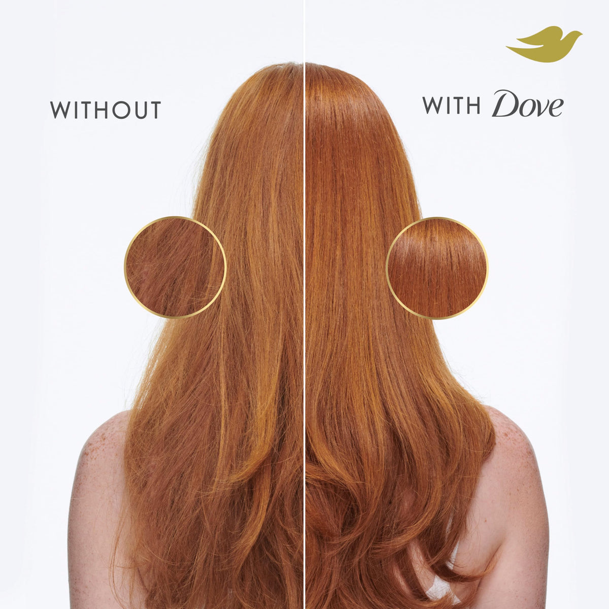 Dove volume & fullness in-shower use with hands applying conditioner, demonstrates quick one-minute treatment