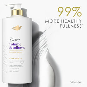 Dove volume & fullness ingredients and certification shot showing vegan and PETA-approved icon, affirms cruelty-free benefit