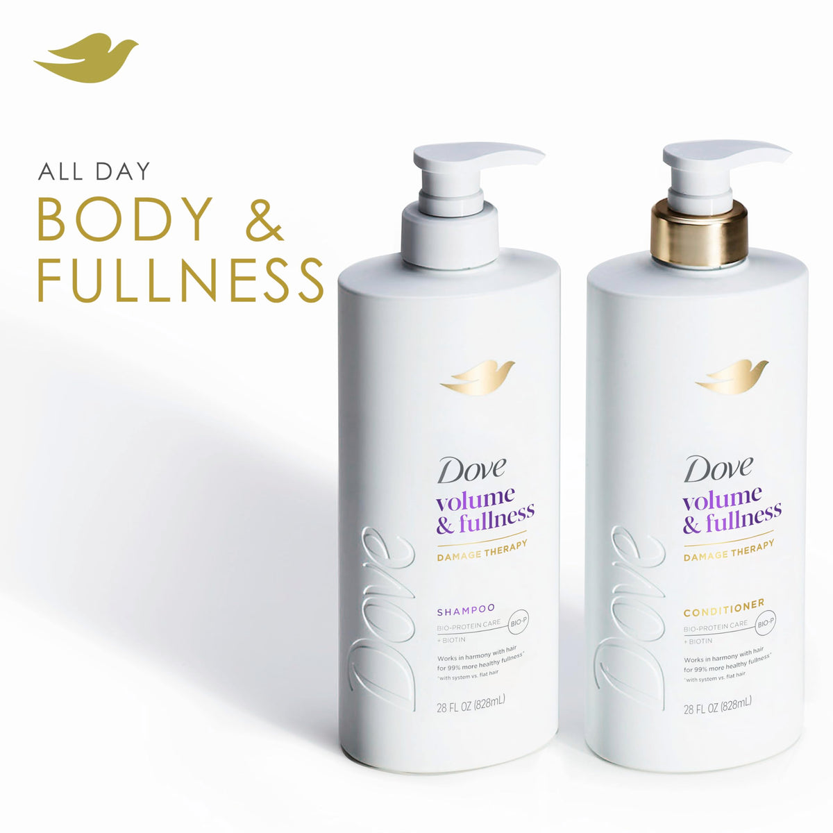 Dove volume & fullness pump dispensing conditioner texture, shows lightweight spreadability benefit