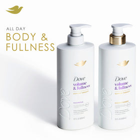 Dove volume & fullness pump dispensing conditioner texture, shows lightweight spreadability benefit