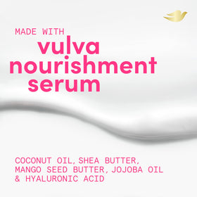 Dove vulva balm label closeup emphasizes gynecologist-approved formulation