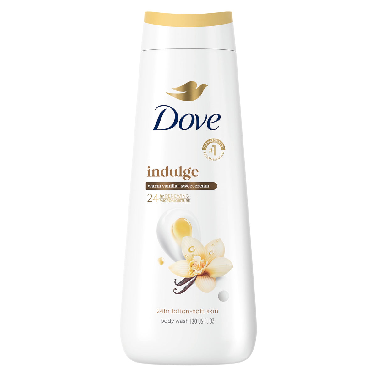 Dove front packaging showing 20 oz bottle and calming vanilla scent benefit