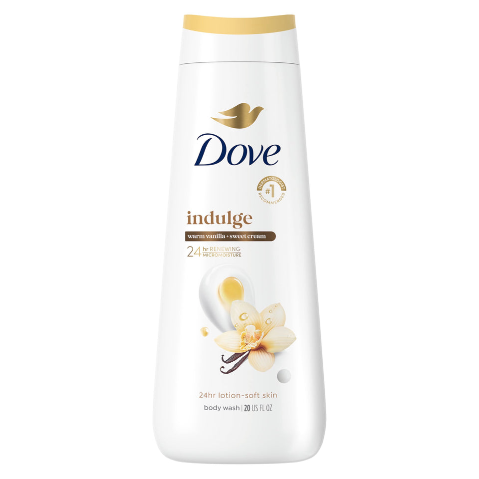 Dove front packaging showing 20 oz bottle and calming vanilla scent benefit