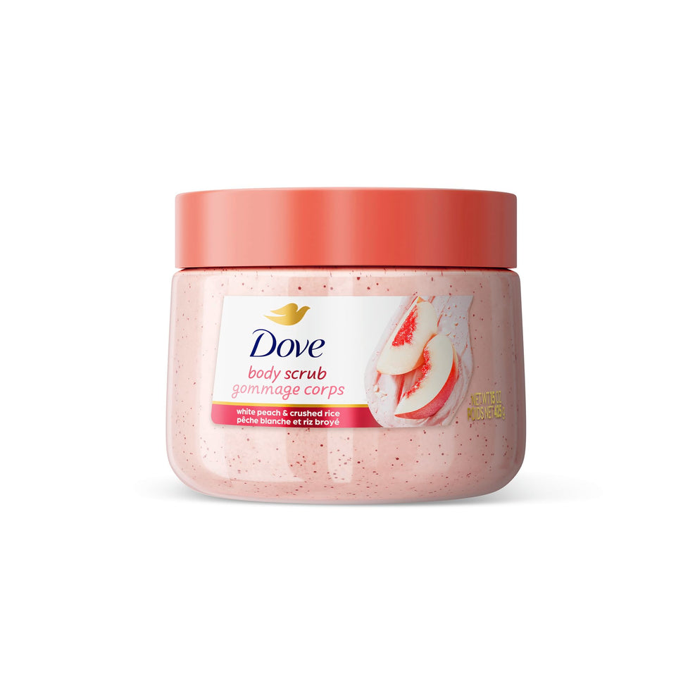 Dove jar front view showing white peach label and gentle exfoliation benefit