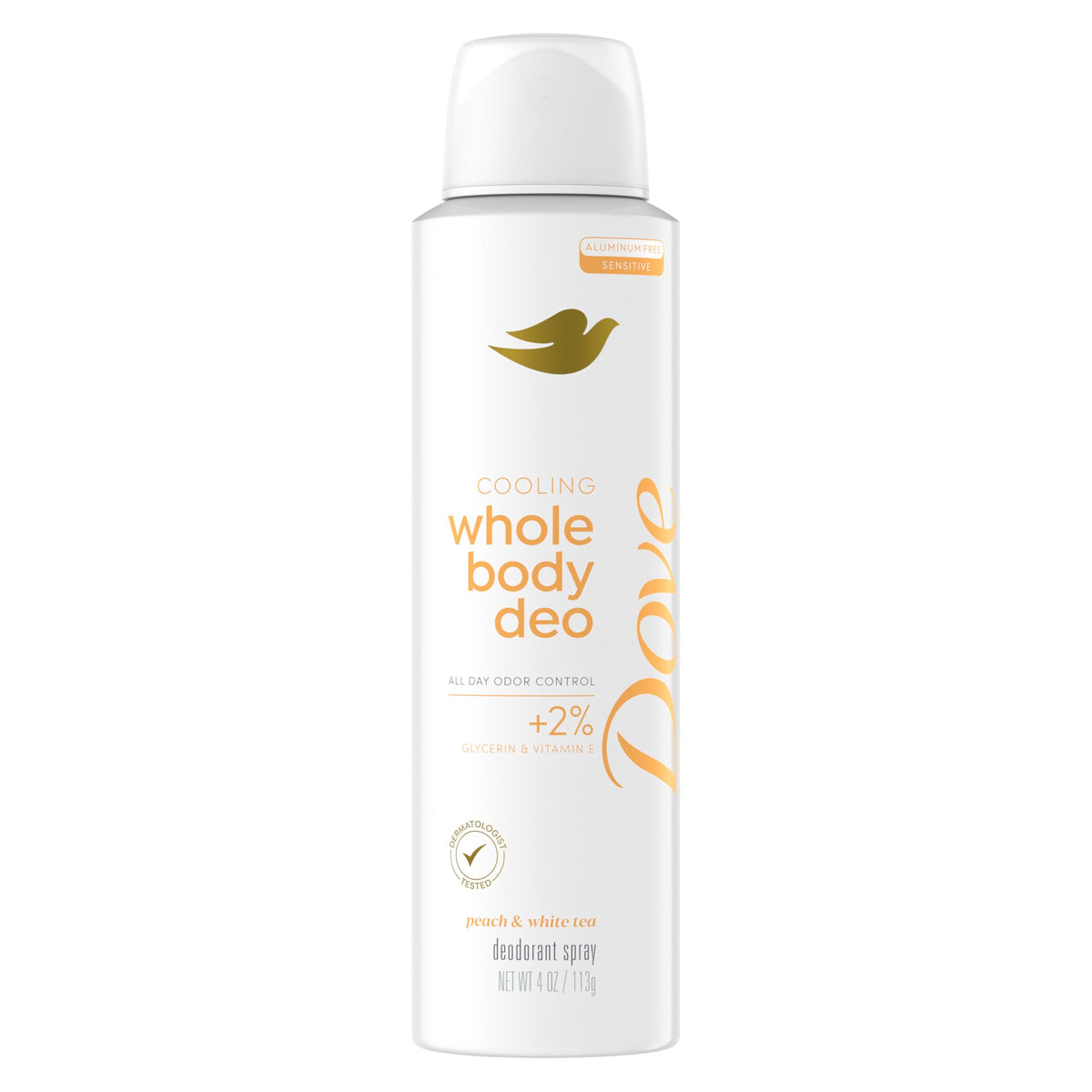 Dove whole body deodorant front packaging showing peach tea scent benefit