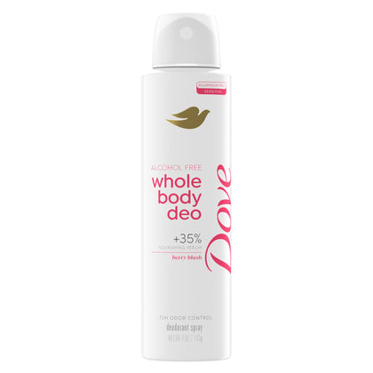 Dove whole body deodorant front packaging showing Berry Blush scent and benefits