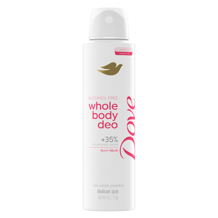Dove whole body deodorant front packaging showing Berry Blush scent and benefits