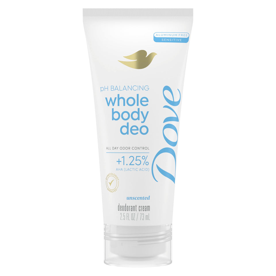 Dove whole body front tube showing label and unscented benefit