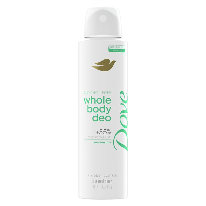 Dove bottle front packaging showing Morning Dew scent and benefits