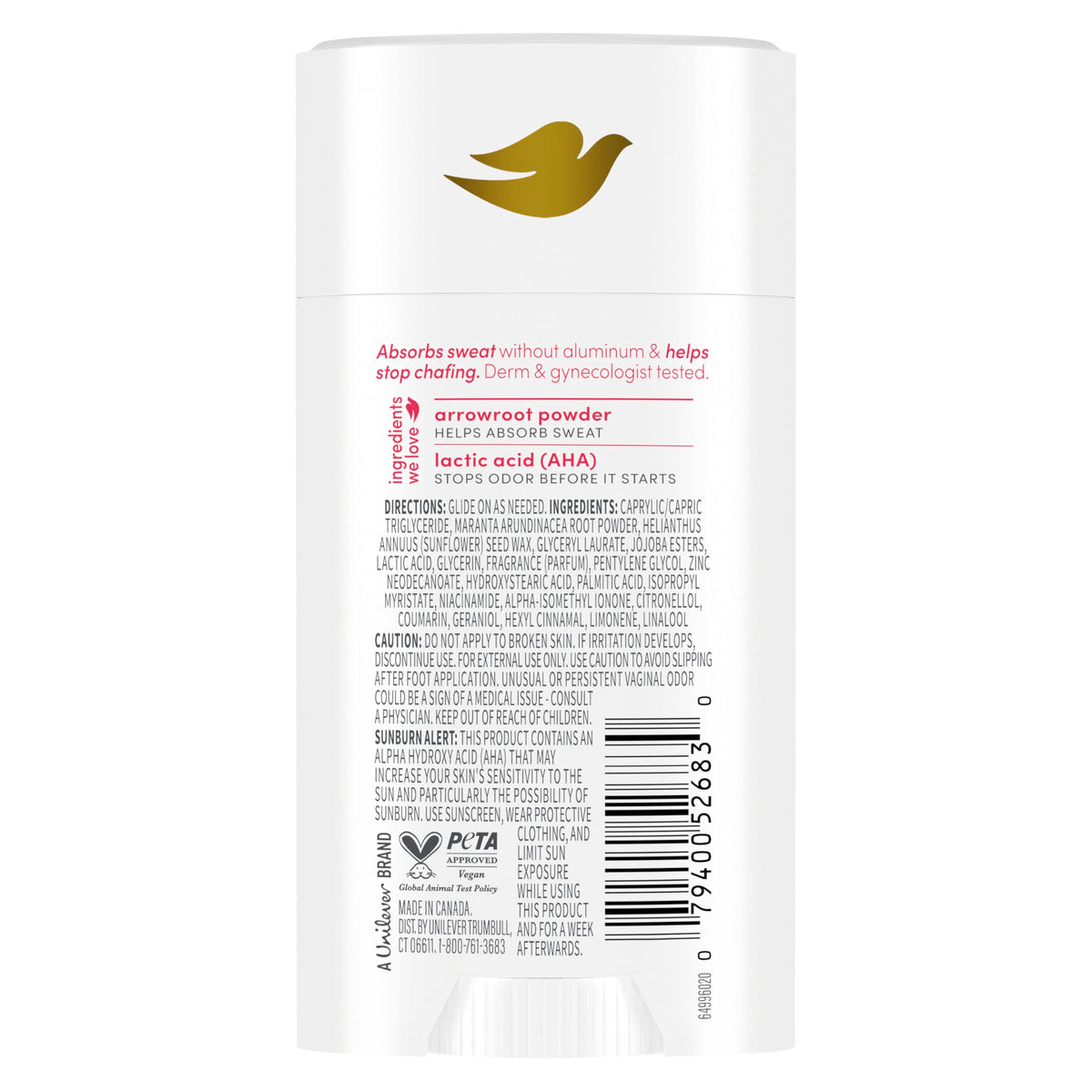 Dove close-up texture of solid stick demonstrating smooth glide and moisture