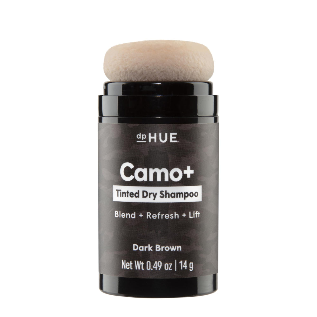 dpHUE front packaging of Camo+ tinted dry shampoo showing shade and puff for quick refresh