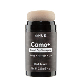dpHUE front packaging of Camo+ tinted dry shampoo showing shade and puff for quick refresh