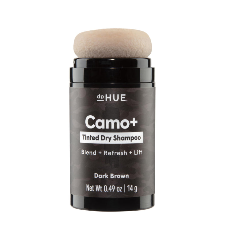 dpHUE front packaging of Camo+ tinted dry shampoo showing shade and puff for quick refresh