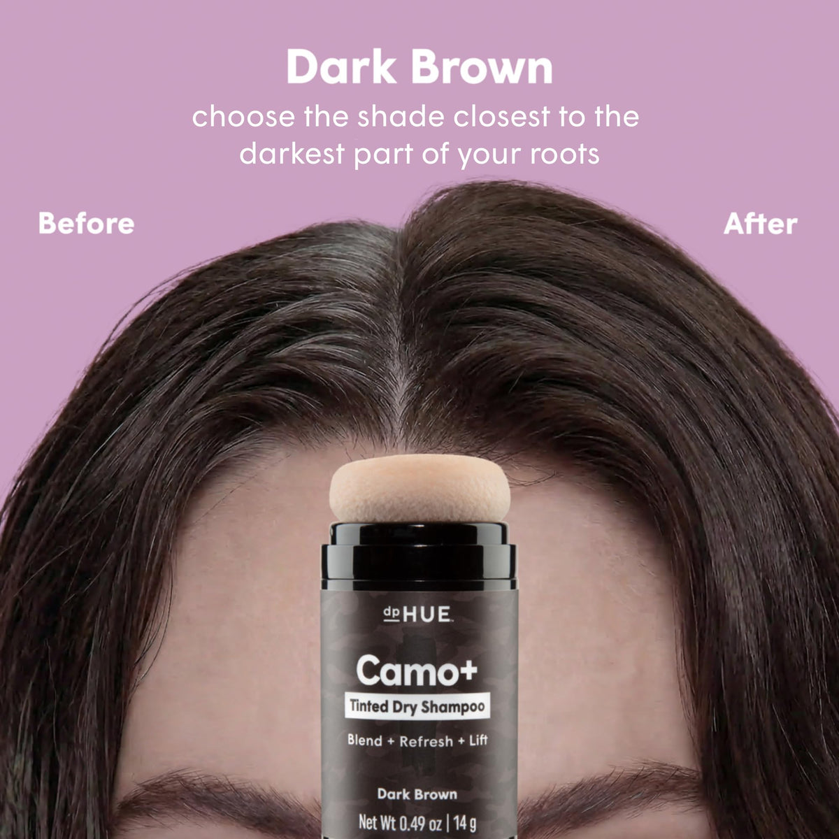 dpHUE puff applicator close-up highlighting precise application for targeted root coverage