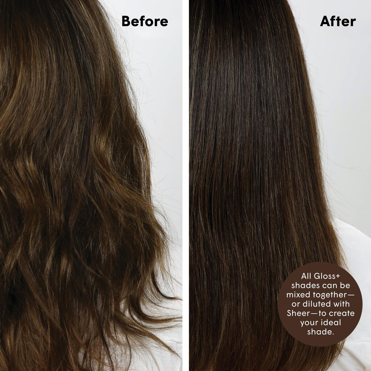 dpHUE Gloss+ results on model hair with glossy medium brown shine and enhanced richness