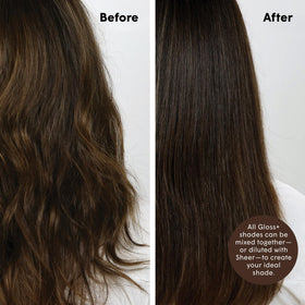 dpHUE Gloss+ results on model hair with glossy medium brown shine and enhanced richness