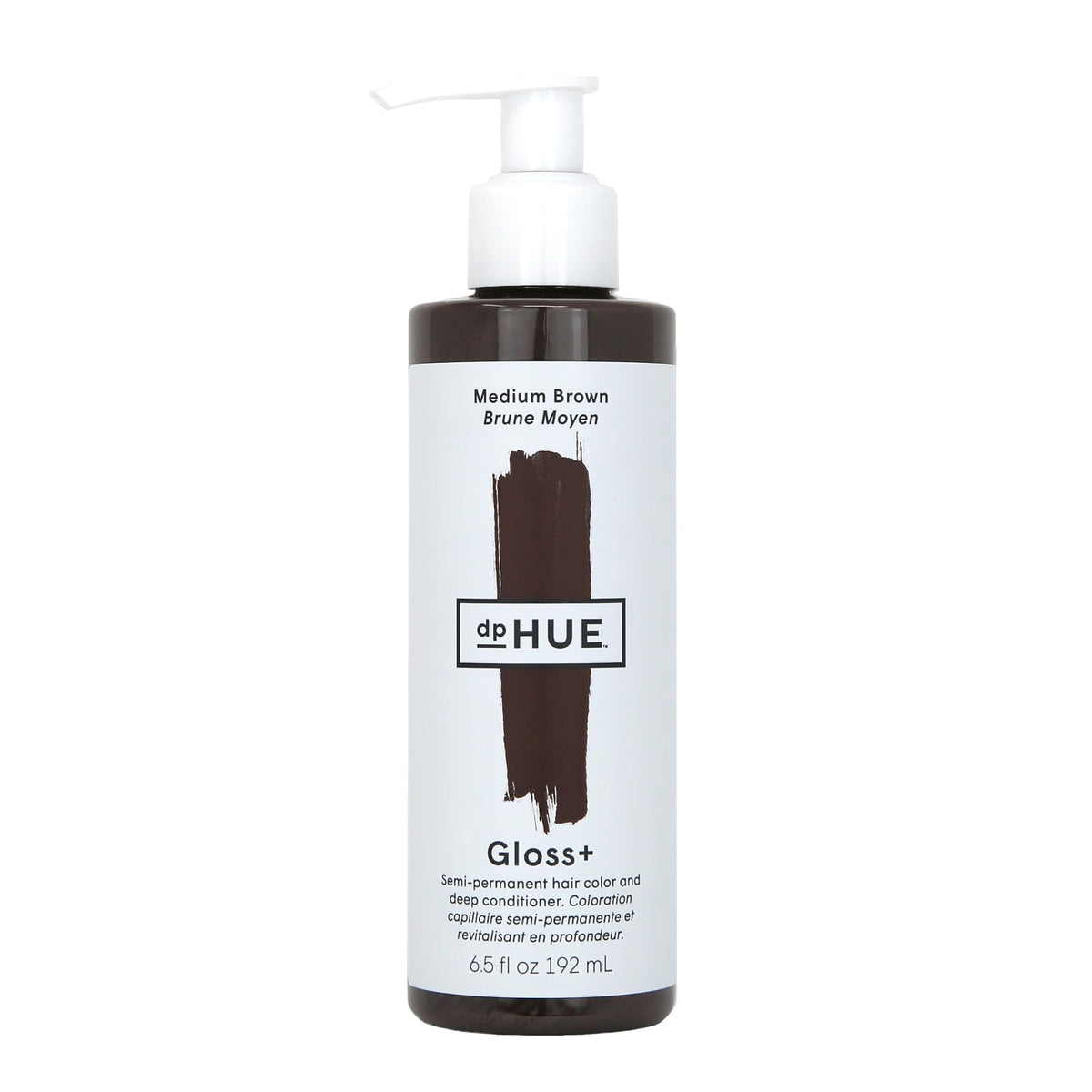 dpHUE Gloss+ bottle front view showing medium brown shade and ready-to-use formula