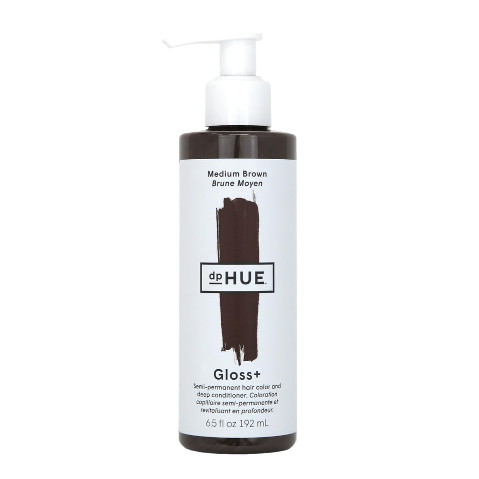 dpHUE Gloss+ bottle front view showing medium brown shade and ready-to-use formula