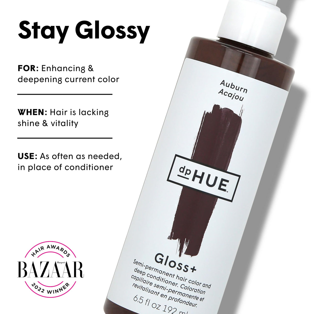 dpHUE Gloss+ Auburn open cap with gloss texture visible for easy application benefit