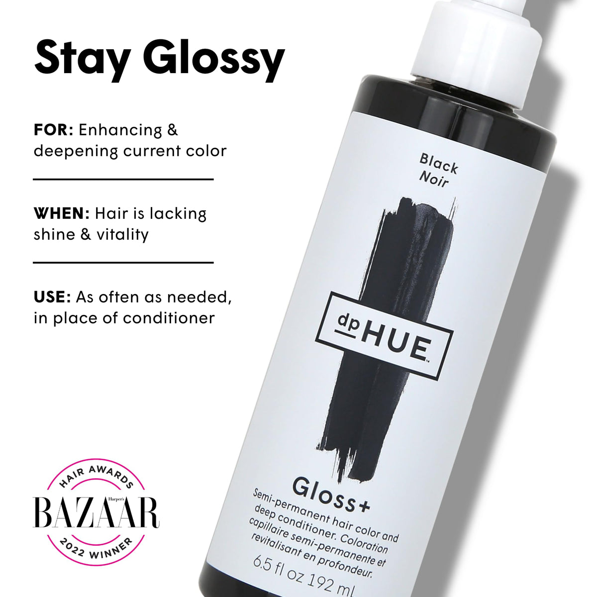 dpHUE Gloss+ Black back label with instructions and ingredient highlights for safe use