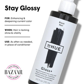 dpHUE Gloss+ Black back label with instructions and ingredient highlights for safe use