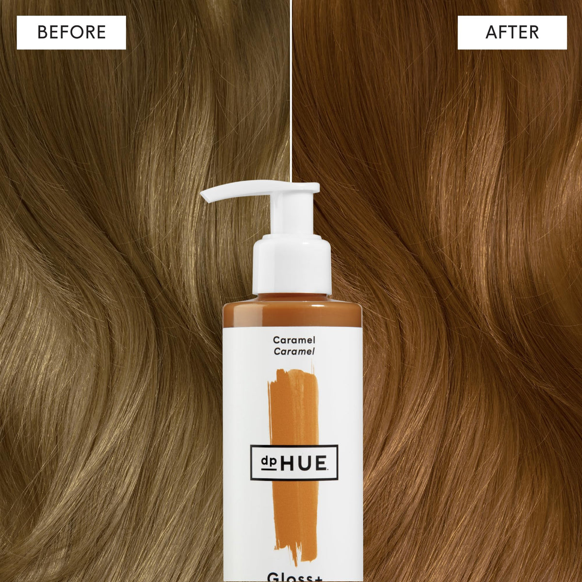 dpHUE before-and-after hair strand highlighting richer color and added shine