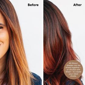 dpHUE Gloss+ Copper before and after on red hair, reveals enhanced warmth and shine
